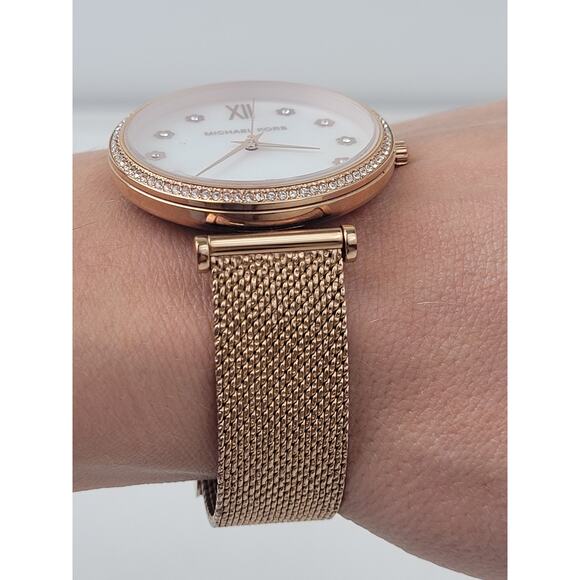Michael Kors Rose Gold-Tone Watch Mother of Pearl Face Rhinestone Accents - Picture 3 of 8